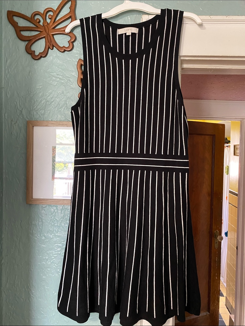 LOFT Black and White Vertical Stripe Sleeveless Midi Dress